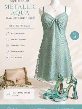 NWT Metallic Aqua Spaghetti Strap Dress - Size M